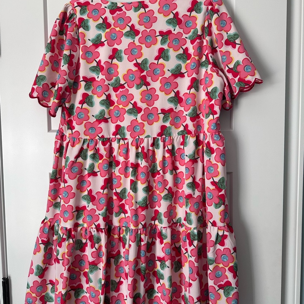 JODIFL Pink Floral Mini Dress with Green Leaves and Blue Centers - Picture 4 of 4